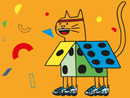 Auf dem Bild ist die Illustration einer Katze mit Stirnband und Sportschuhen. Die Katze steht in einem Karton, der aussieht wie ein aufgefalteter Würfel.
