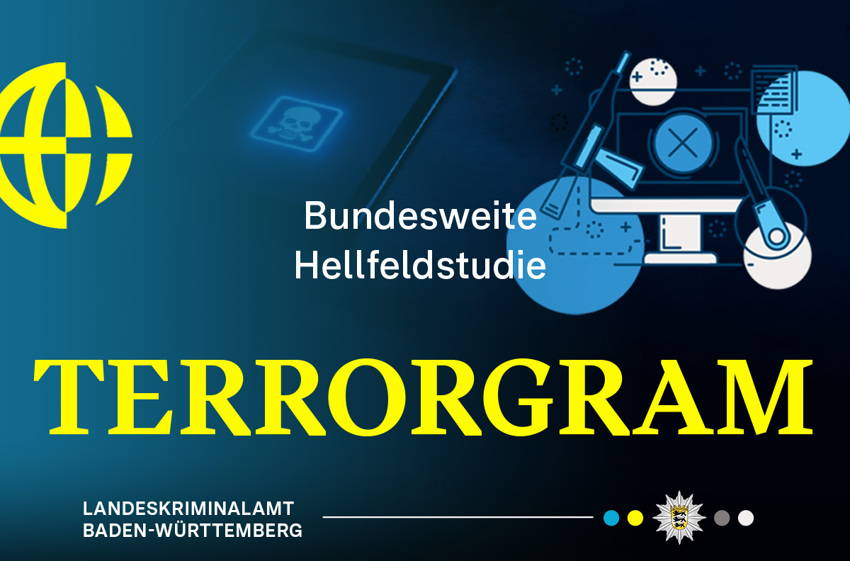 Anzeige Bundesweite Hellfeldstudie Terrorgram Helle Schrift auf dunklem Grund: Bundesweite Hellfeldstudie Terrorgram Landeskriminalamt Baden-Württemberg