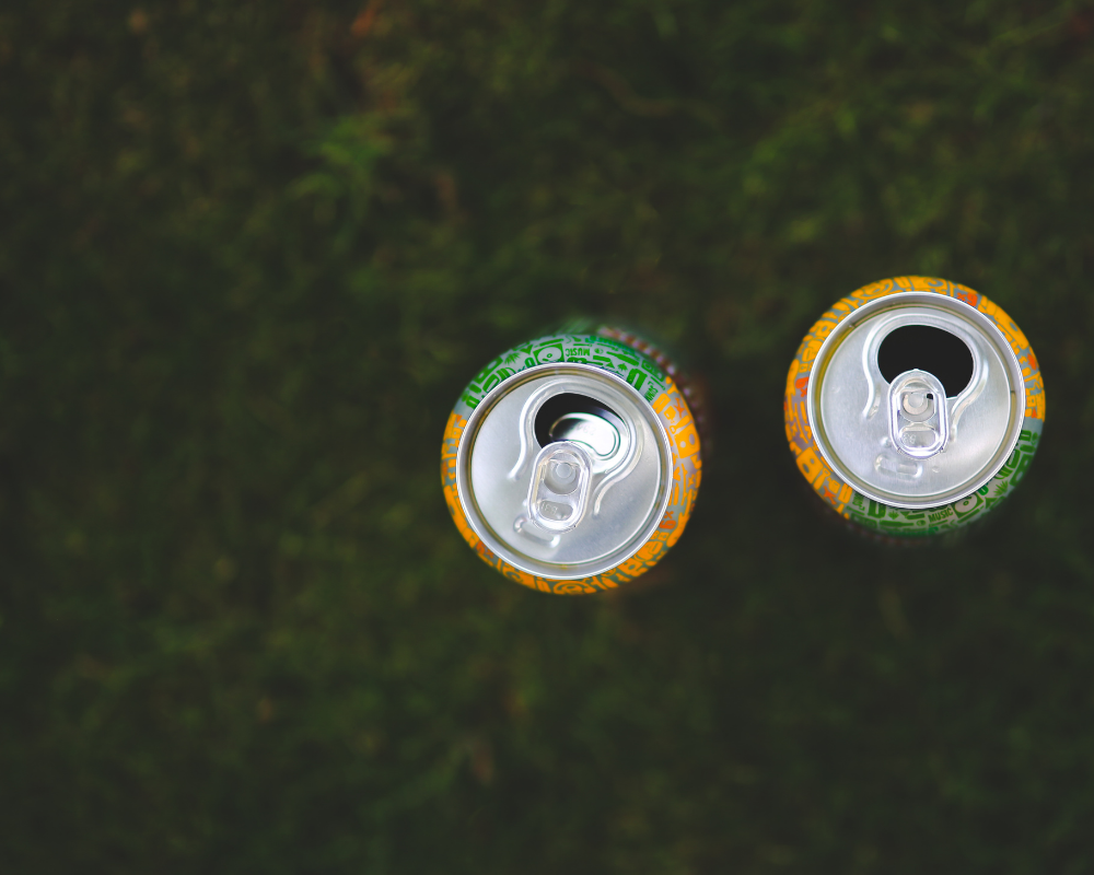 Zwei Energy Drinks in Dosen von oben auf einer Wiese fotografiert