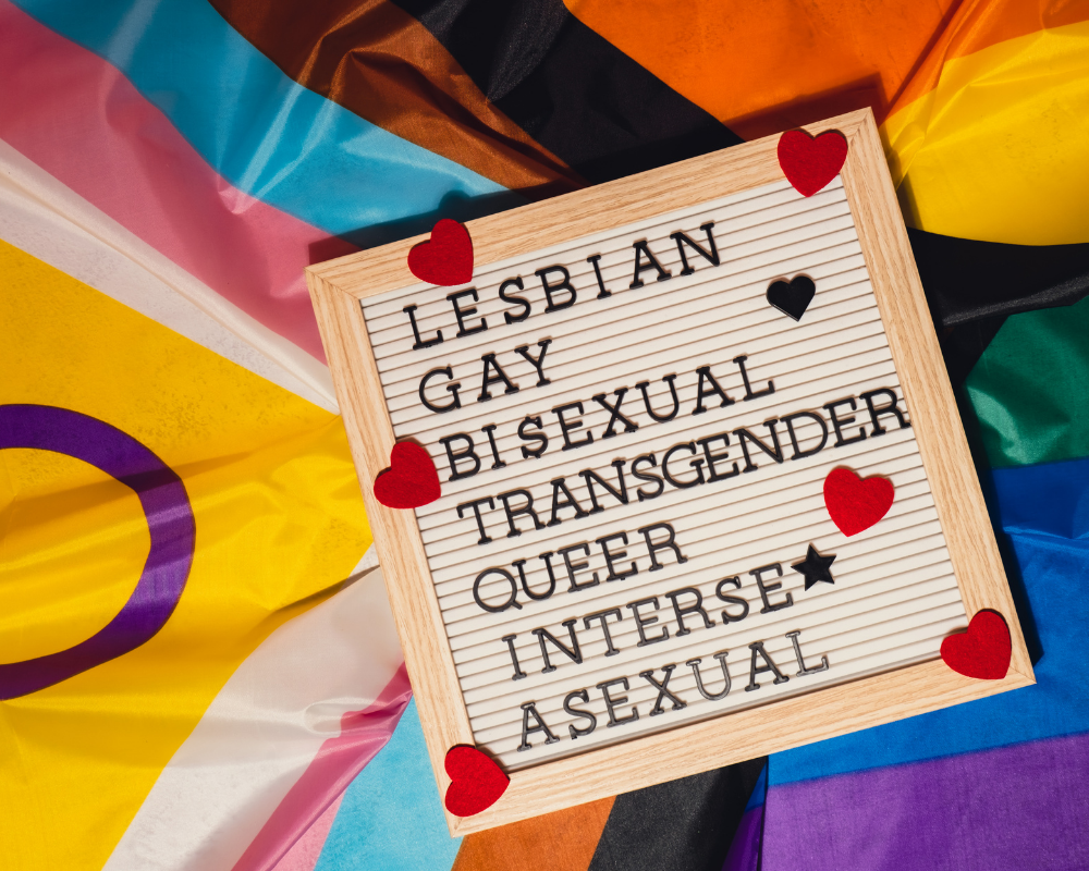 auf einer Regenbogenflagge liegt ein Schild auf dem "lesbisch, gay, bisexual, transgender, queer, interse* und asexual" steht