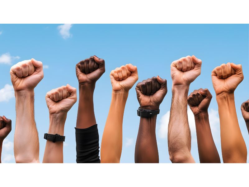 Verschiedene Menschen recken ihre geballten Fäuste in die Luft.