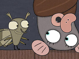 Ausschnitt aus dem Kurzfilm Bat Time, eine kopfüber hängende Fledermaus unterhält sich mit einer Motte.