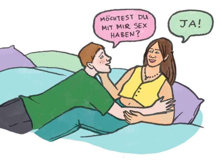 Zwei Personen liegen rum, die eine fragt die andere "Wollen wir Sex haben?". Die andere Person sagt "Ja!"