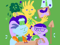 Illustration mit drei farbigen Figuren, verschiedene Symbole, vor grünem Untergrund