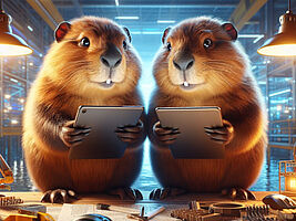 Illustration von zwei Hamstern, die Tablets in den Pfoten halten