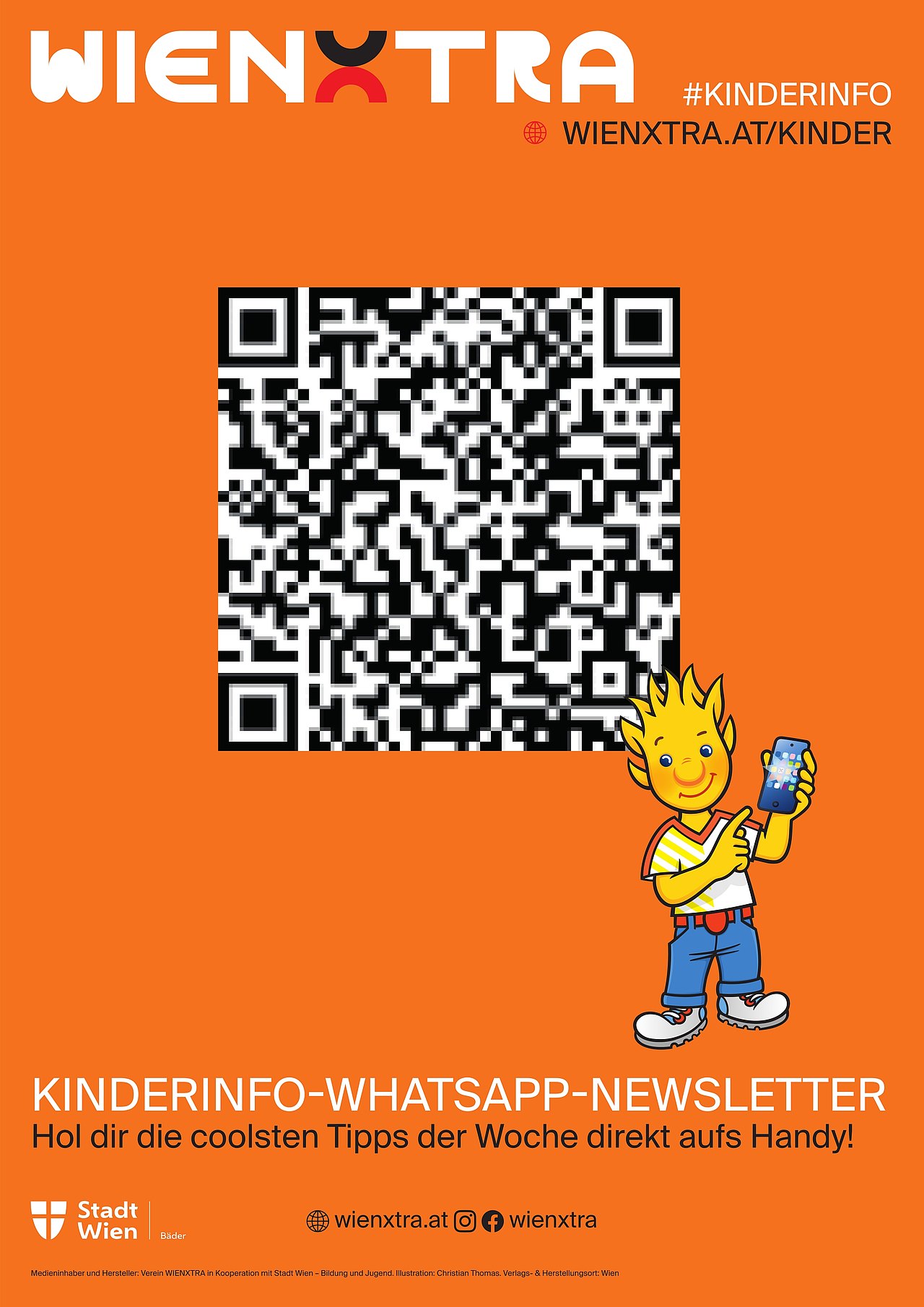 Werbeplakat für den Kinderinfo-WhatsApp-Newsletter mit QR-Code zur Anmeldung