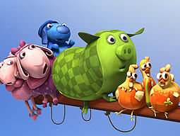 Zwei rosa Schafe, ein blauer Hund, ein grün-kariertes Schwein und drei gelb-orange Küken sitzen dicht gedrängt auf einer Stange. 