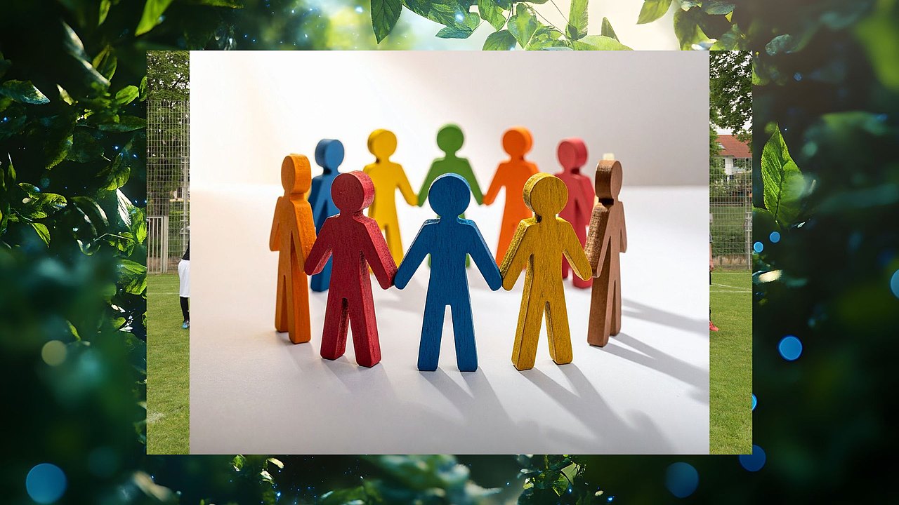 Bunte Holzfiguren, die sich in einem Kreis an den Händen halten.