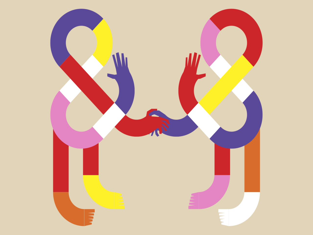 Illustration von 2 mehrfarbigen Und-Zeichen vor creme-farbenem Hintergrund, die einander die Hand geben.