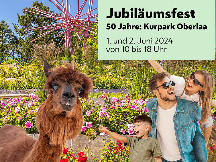 lustiges Alpaca und fröhliche Familie feiern das 50jährige Jubiläum Kurpark Oberlaa 