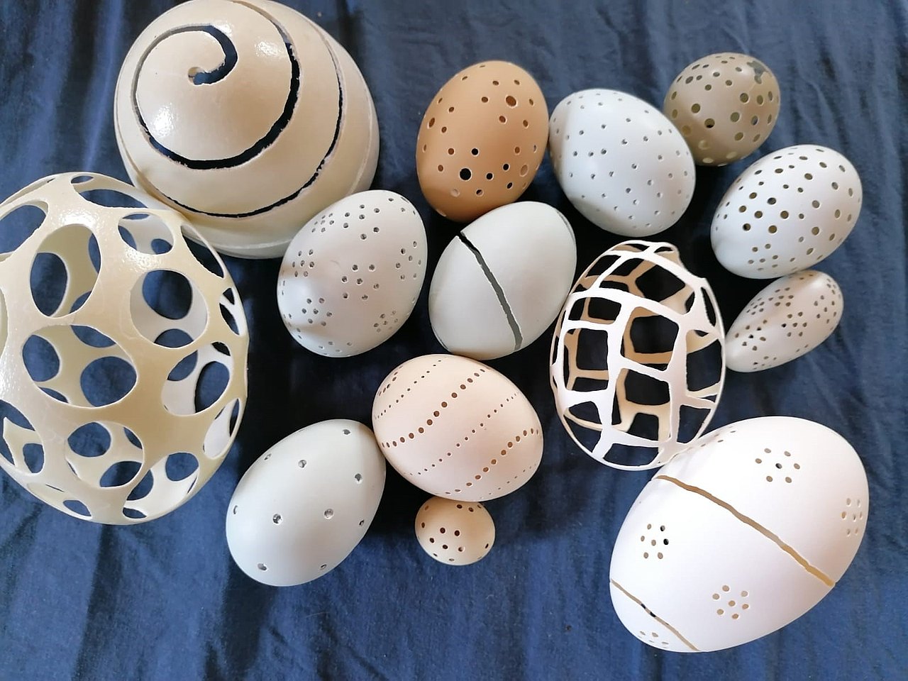 Man sieht viele verschiedene Eier, die Löcher ausgefräst haben