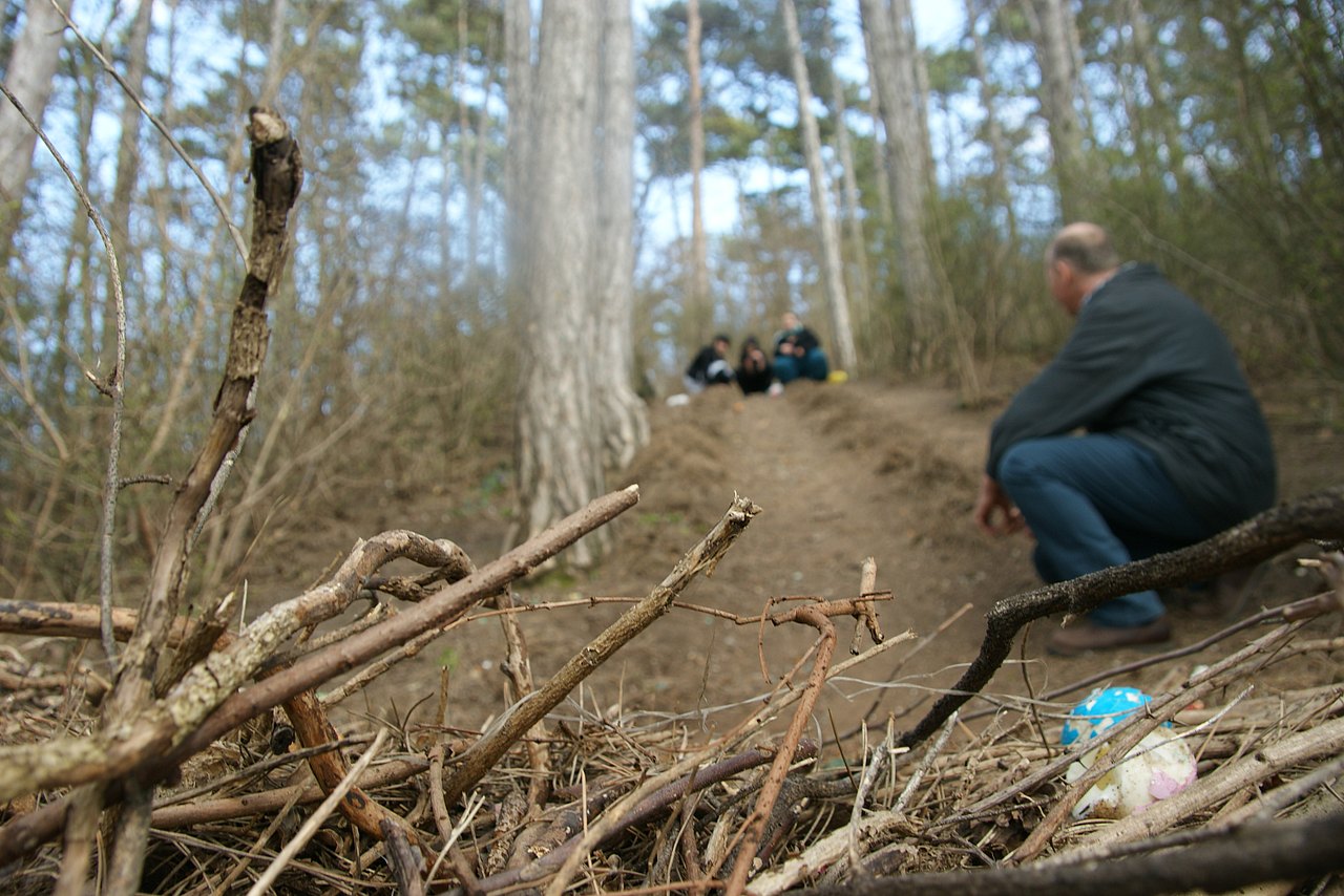 Piste Im Vordergrund sind Äste zu einer Wand aufgestapelt, in denen zwei kaputte gefärbte Eier liegen. Dahinter führt ein Erdhügel im Wald hoch. Eine Person hockt unten und sieht hinauf, ganz oben sind drei Personen, die hinunter sehen.