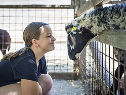 Ein Mädchen besucht Bauernhoftiere.