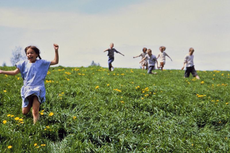 Die Kinder von Büllerbü laufen über die Sommerwiese.