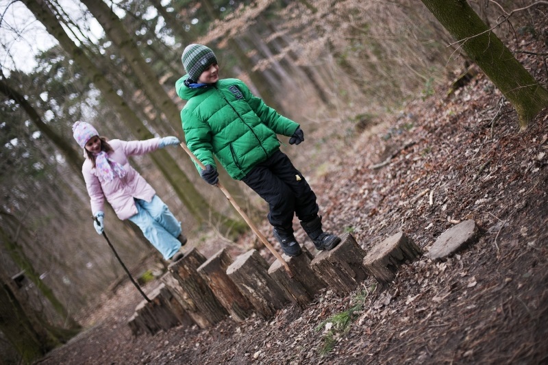 Zwei Kinder balancieren bei einer Wanderung über Baumstümpfe im winterlichen Laubwald.