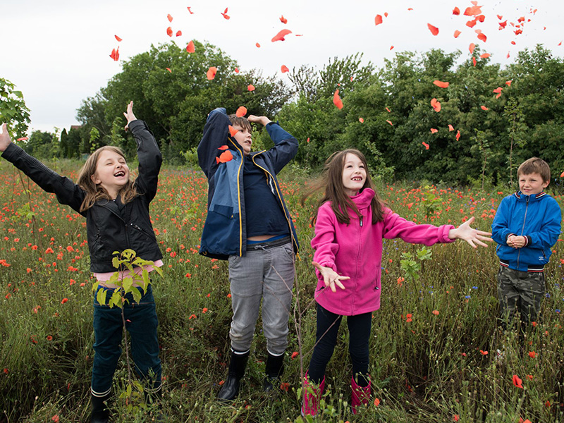 HFS Kinder spielen ausgelassen mit Herbstlaub.