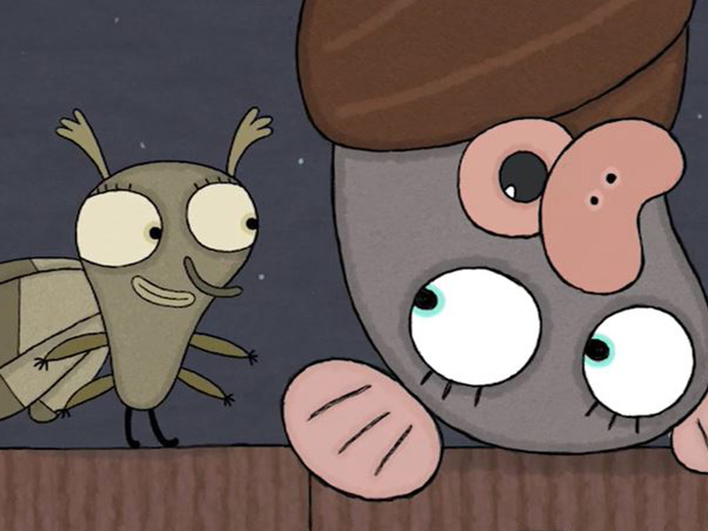 Kurzfilmprogramm Ausschnitt aus dem Kurzfilm Bat Time, eine kopfüber hängende Fledermaus unterhält sich mit einer Motte.