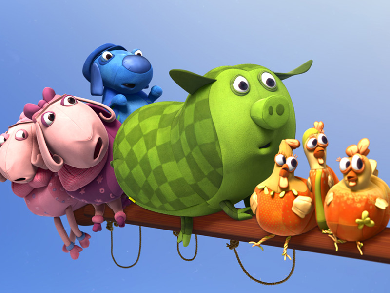 Kurzfilmprogramm Zwei rosa Schafe, ein blauer Hund, ein grün-kariertes Schwein und drei gelb-orange Küken sitzen dicht gedrängt auf einer Stange.